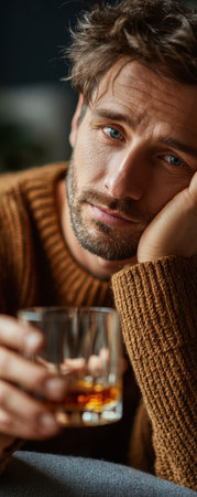 Sad man with blue eyes, brown hair, beard, wearing brown sweater, holding glass of whiskey, sitting indoors, feeling lonelyの素材