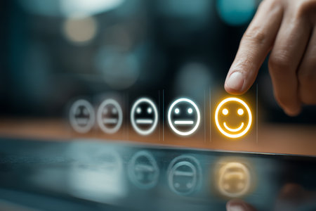 Hand selecting happy face icon, customer satisfaction, positive feedback, rating, digital interface, glowing smiley, business conceptの素材