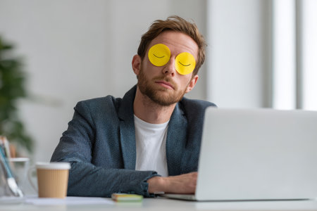 Man with yellow sticky notes on eyes, pretending to sleep at office desk, humorous tired expression, casual business attire, laptop, coffee cupの素材
