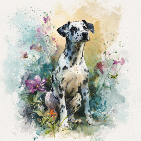 Dalmatian dog black spot sitting flower watercolor nature outdoor spring colorful cheerfulの素材