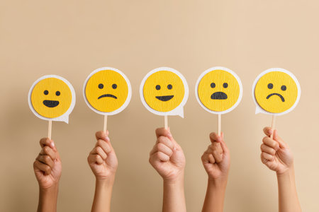 Emotion expression feedback communication hand yellow face sign mood happy concept and sad faces on sticks held by hands against beige backgroundの素材