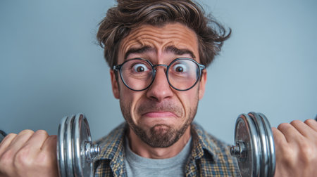 Man glasses dumbbell weightlifting exercise facial expression stress plaid shirt fitness strength man with glasses and plaid shirt holds dumbbellsの素材
