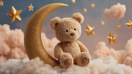 Teddy bear moon cloud star plush soft dreamy cute child night whimsical fantasy golden sky sleep toy nursery gentle sweet cozy backgroundの素材