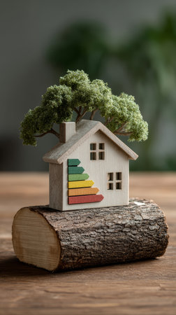 Eco house energy efficiency sustainability green building wooden model tree log nature environment conservationの素材