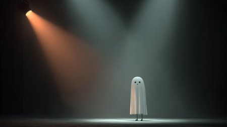 Cute ghost character, white sheet costume, standing alone under dramatic spotlight in dark empty room, mysterious and whimsical moodの素材