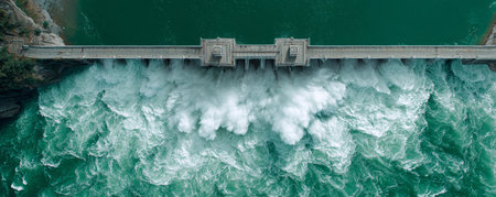 Powerful dam water river structure aerial engineering energy landscape force nature dramatic sceneの素材