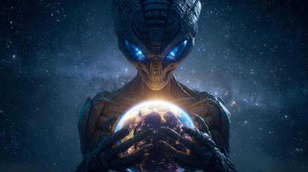 Alien science fiction outer space galaxy Earth glowing mysterious cosmic futuristic night sky An extraterrestrial being with glowing blue eyesの素材