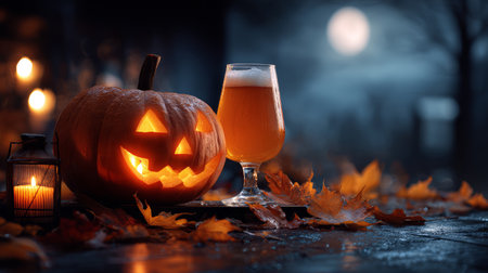 Jack o lantern, autumn leaf, candle, and glass of beer on wooden table at night, festive Halloween atmosphere outdoorsの素材