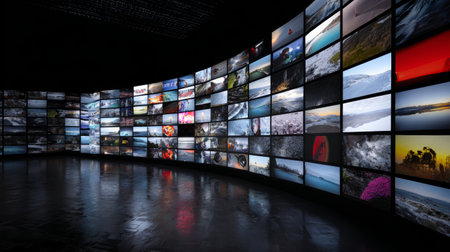 Curved wall of digital screens displaying diverse nature and travel images in dark modern gallery settingの素材