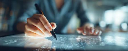 Person using digital pen on interactive touchscreen, modern technology, innovation, creativity, futuristic workspace, focus, professionalの素材