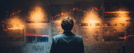Man suit back view analyzing financial chart glowing data wall business office dramatic lighting focus strategy planning decision economyの素材