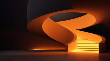 Spiral staircase, modern architecture, glowing orange light, minimalistic interior, dramatic shadow, abstract design, futuristic styleの素材