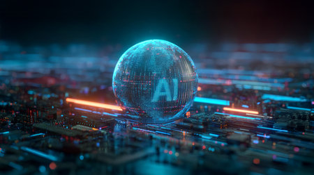 Futuristic artificial intelligence digital globe glowing blue sphere technology circuit board innovation data cyber modernの素材