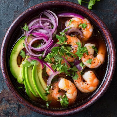 Shrimp, avocado, red onion, cilantro, and spices in flavorful broth create vibrant, fresh, and appetizing seafood soupの素材