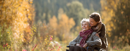 Senior woman in wheelchair with young caregiver enjoying autumn nature, smiling together in outdoor park, warm sunlight, happiness, careの素材