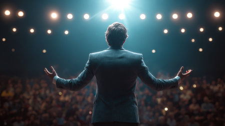Confident speaker public speaking stage spotlight audience business suit leadership motivation presentation inspirationの素材