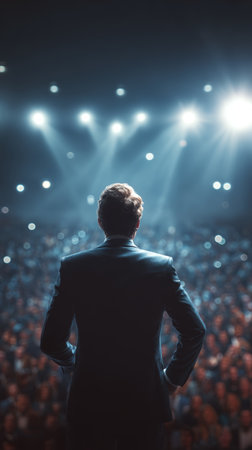 Man suit stage spotlight audience confident speech event leadership motivation Confident man suit stands stage bright spotlights facing largeの素材