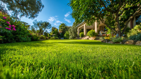 Lush green grass garden sunlight house tree outdoor landscape summer nature peacefulの素材