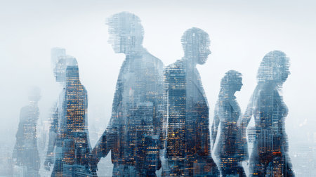 Businessperson silhouette city double exposure teamwork urban professional collaboration modern success with hopeful moodの素材