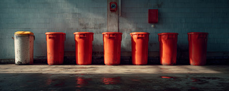 Seven orange plastic trash bin, one white bin with yellow lid, lined up against blue wall, urban setting, morning sunlight, calm atmosphereの素材