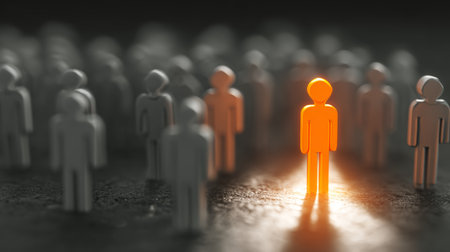 Standing out from crowd, one glowing orange figure among many gray silhouettes symbolizes individuality and leadershipの素材
