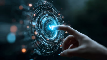 Futuristic digital interface with glowing AI text, human hand touching virtual screen, technology innovation conceptの素材