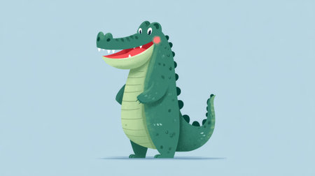 Cheerful cartoon crocodile standing upright with big smile, green scaly skin, and light blue background, playful moodの素材