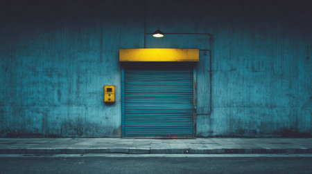 âBlue metal shutter yellow mailbox urban street industrial building night moody lighting grunge wall empty sidewalk dramatic atmosphereâの素材