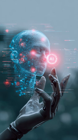 Futuristic artificial intelligence, digital human face, glowing blue, cybernetic hand, technology, innovation, virtual realityの素材