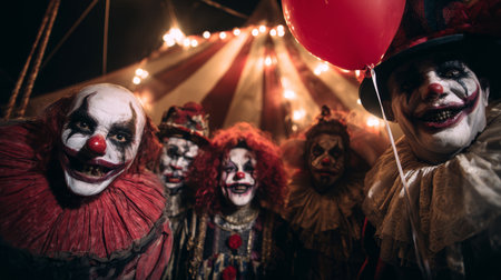 Sinister clown group circus tent night dramatic lighting red balloon creepy makeup eerie atmosphere Halloween horrorの素材