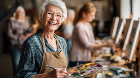 Senior woman artist painting palette smiling creative art class elderly workshop joyful expression. happy elderly woman artist with grayの素材