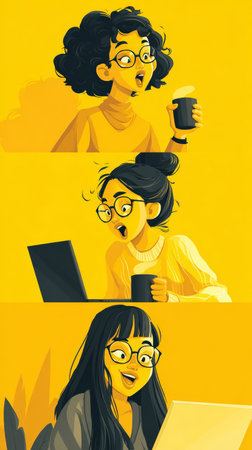 Curly hair woman glasses yellow sweater coffee cup laptop surprised joyful illustration indoor cheerfulの素材