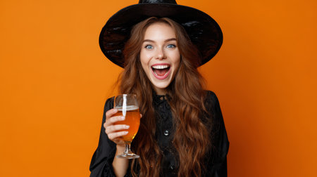 Happy young woman witch costume, long wavy hair, black hat, holding glass of beer, orange background, Halloween celebrationの素材