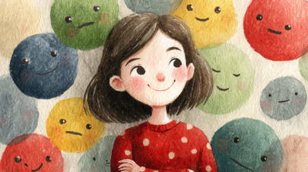 Cheerful girl with short brown hair and red polka dot sweater stands among colorful expressive faces, showing various emotionsの素材