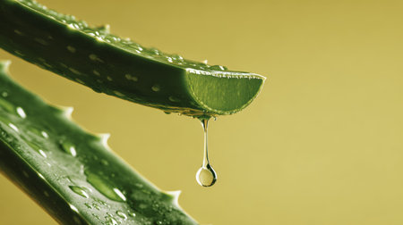 Aloe vera leaf green succulent close up fresh water droplet natural moisture healing plantの素材