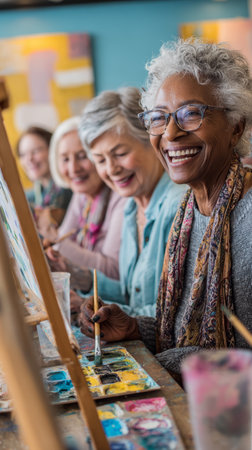 Smiling senior women painting art class creativity friendship colorful cheerful group brushの素材