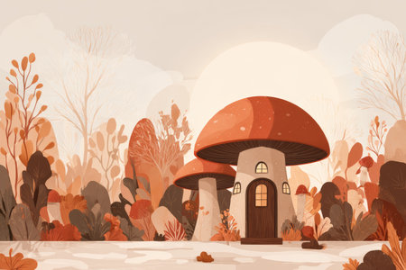 Mushroom house autumn forest whimsical fantasy cozy warm light nature fairytale illustration landscapeの素材