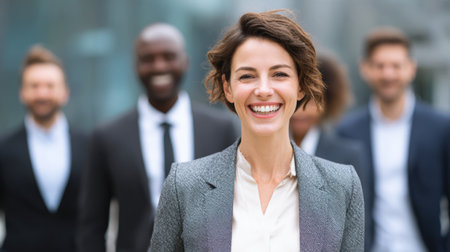 Confident businesswoman smiling outdoors with diverse colleagues in background, professional teamwork, urban settingの素材