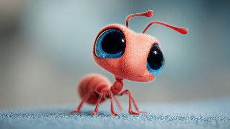 Cute red ant with large blue eyes, soft texture, standing on blue surface, whimsical and playful character designの素材