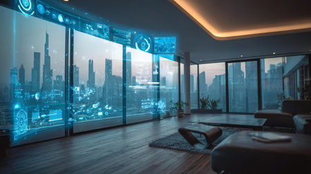 Futuristic living room cityscape digital interface smart home modern interior large window evening technologyの素材