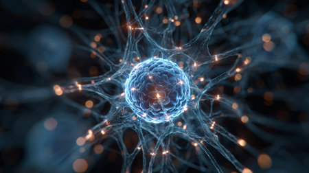 Cell neuron network glowing blue science biology abstract energy connection form glowing blue neuron cell network symbolizing science biologyの素材