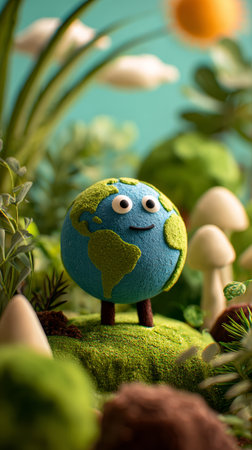 Earth globe nature environment green blue happy cute clay model happy clay earth globe with smiling face stands green mossy hill surrounded byの素材