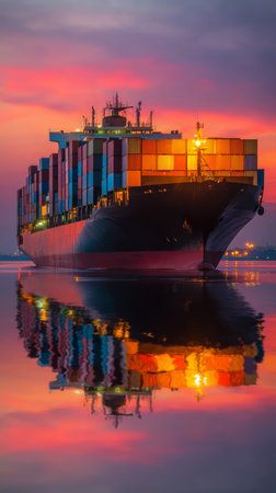 Container ship cargo shipping ocean sunset reflection transport freight logistics water large container ship carrying colorful cargo sails calmの素材