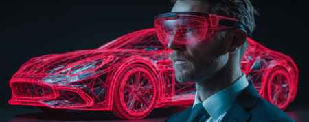 Man suit augmented reality virtual reality futuristic technology car wireframe digital innovationの素材
