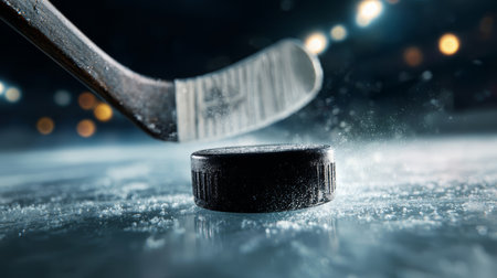 Ice hockey puck stick sport frozen competition closeup action arenaの素材