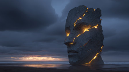 Surreal stone face sculpture with glowing cracks stands on beach at sunset, dramatic sky, mysterious and imaginative atmosphereの素材