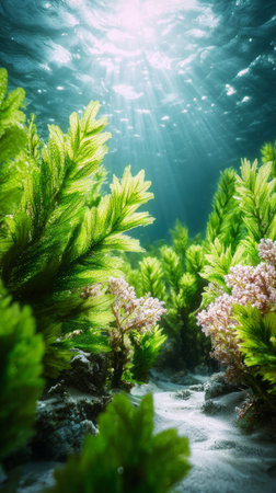 Underwater sunlight green seaweed coral sand ocean floor marine life peaceful nature aquatic clear waterの素材