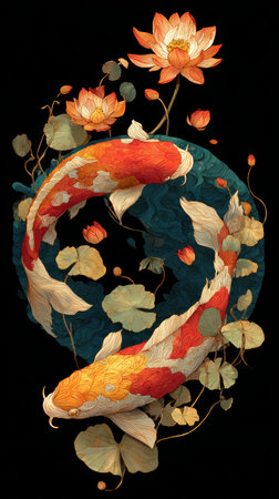 Orange koi fish lotus flower water lily aquatic plant swirling water elegant detailed floral nature black background Graceful orange koi fish swimの素材
