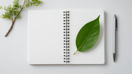 Open notebook, green leaf, silver pen, and small branch on white background, minimal and fresh workspace conceptの素材