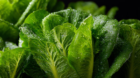 Fresh green romaine lettuce leaves with water droplets, healthy organic vegetable, crisp texture, close up, natural backgroundの素材